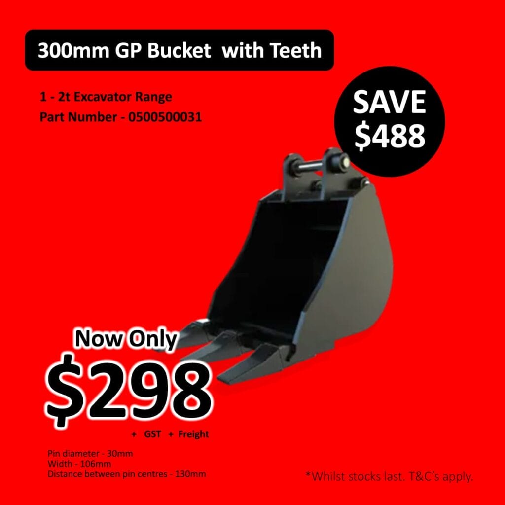 Black excavator bucket with teeth on red background, sale price 8, save 8.