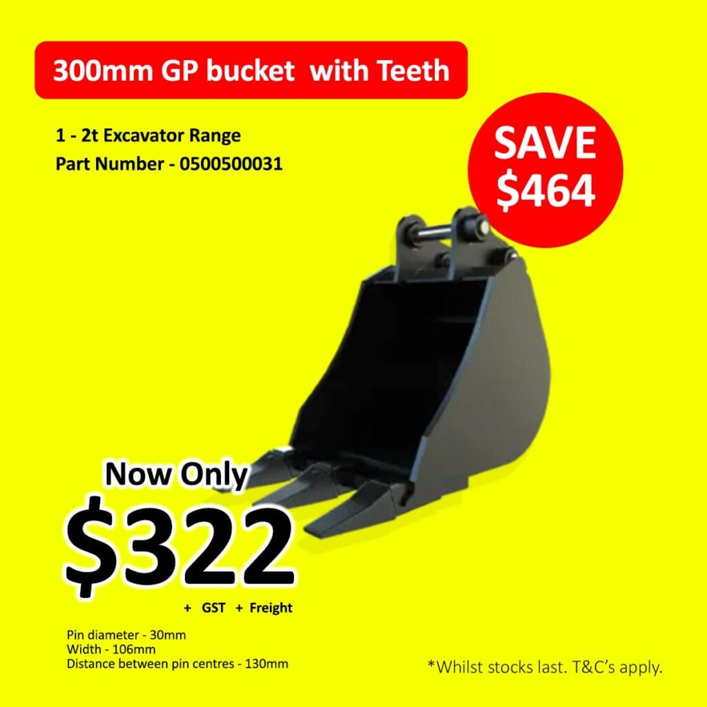 300mm GP excavator bucket with teeth on yellow background, price and discount details shown.