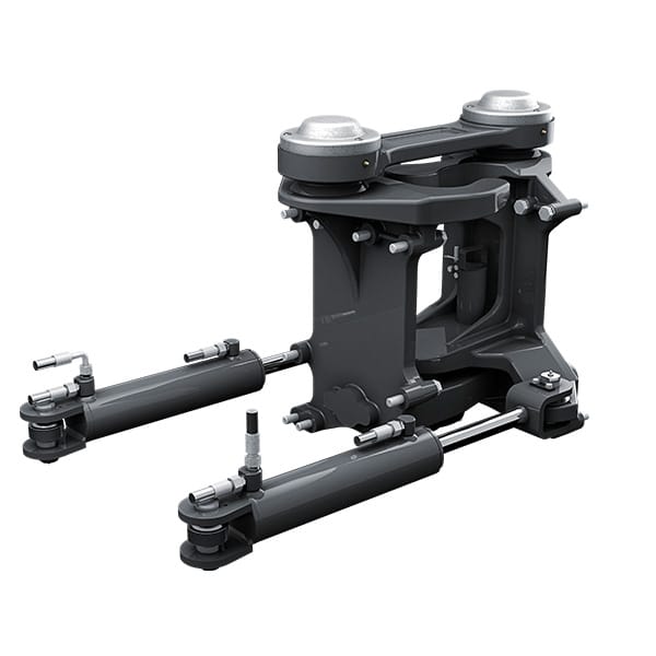 A black, heavy-duty mechanical component with two hydraulic cylinders, metal brackets, and mounting points, likely part of an industrial or vehicle suspension or lifting system, displayed against a white background.