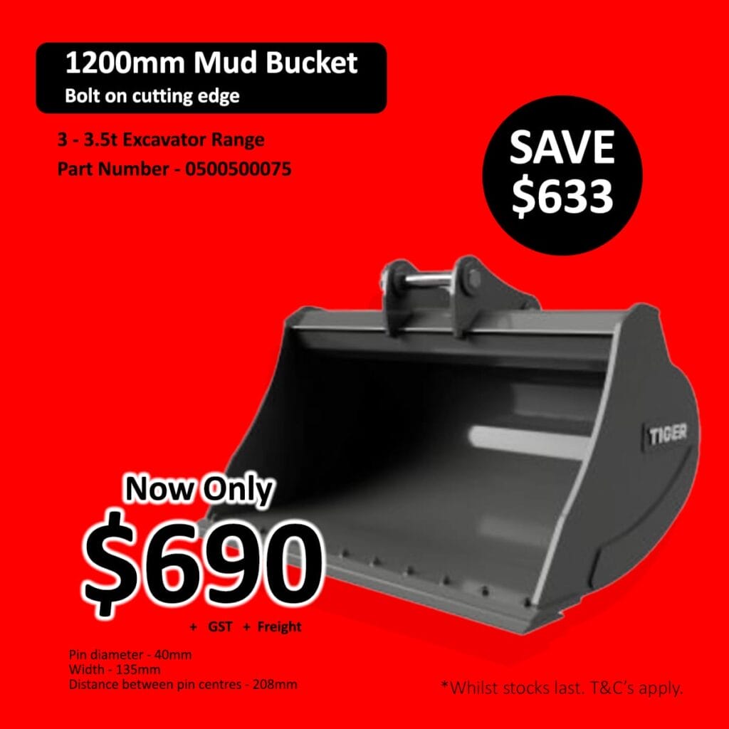 1200mm mud bucket for excavators on sale for 0, black bucket on red background.
