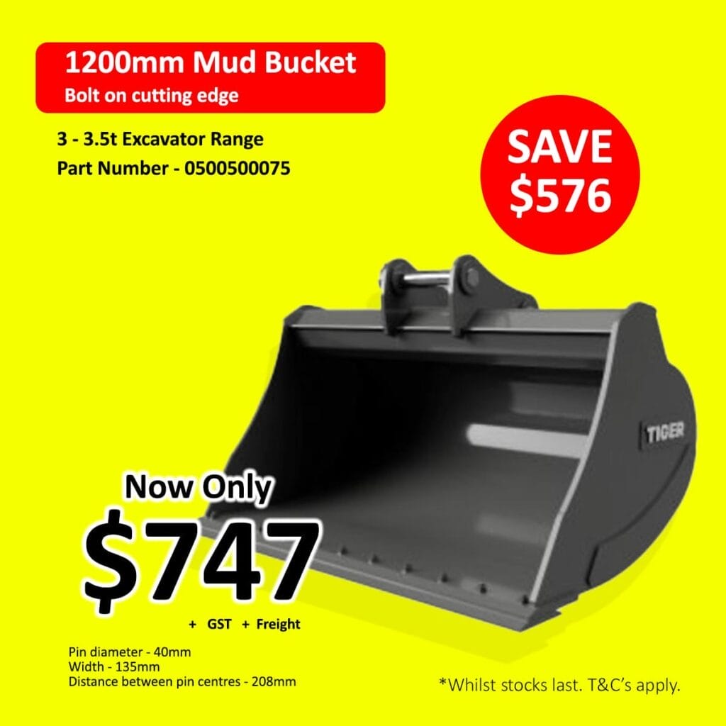 Black 1200mm mud bucket for excavators, $747 sale price, on a bright yellow background.