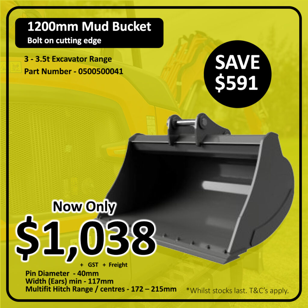 A large black 1200mm mud bucket attachment is displayed with yellow background text: "Now Only $1,038," "SAVE $591," and product details for 3-3.5t excavators. Price and specifications are highlighted.