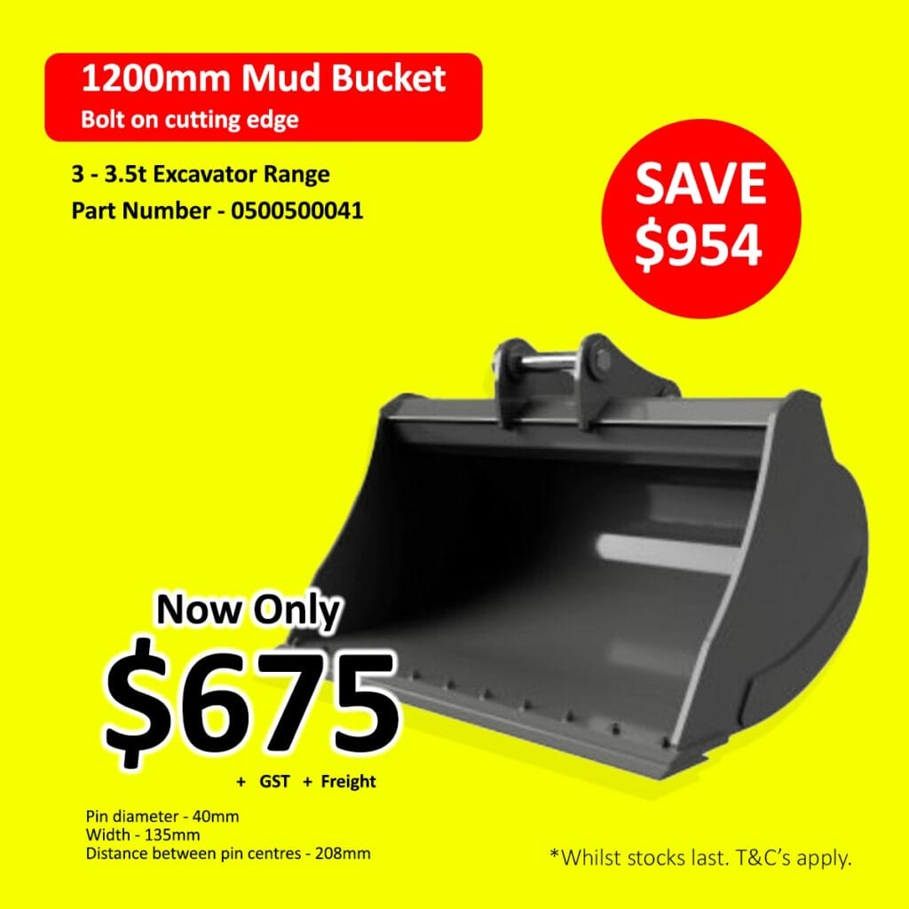 A 1200mm mud bucket excavator attachment on a bright yellow background with price details.