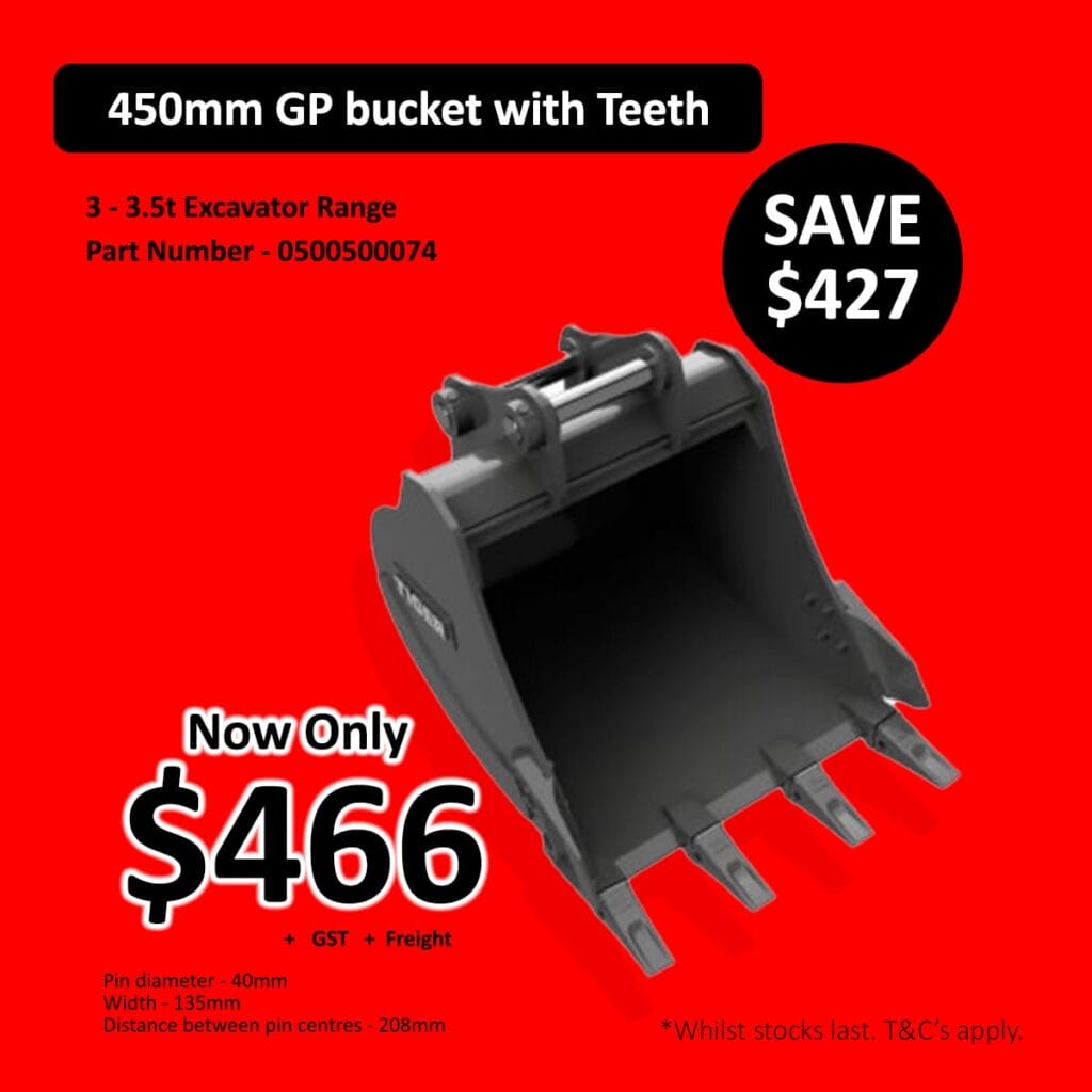 Black excavator bucket with teeth on red background, sale price listed as 6.