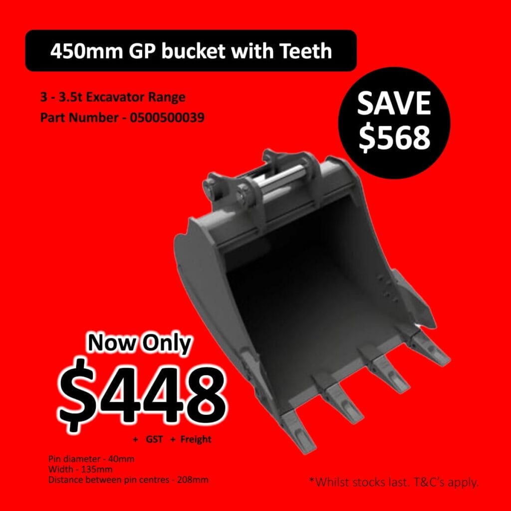 A 450mm excavator bucket with teeth on a red background and pricing details.