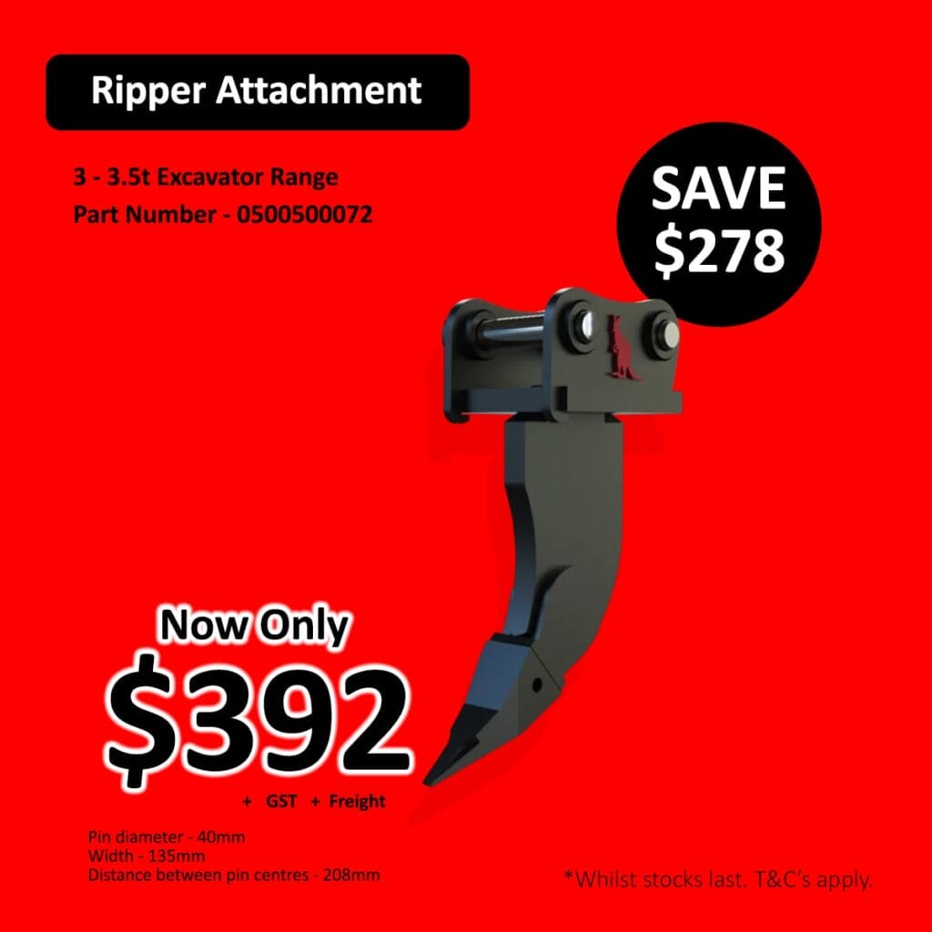 Ripper attachment for excavator on red background, price reduced to 2, save 8.
