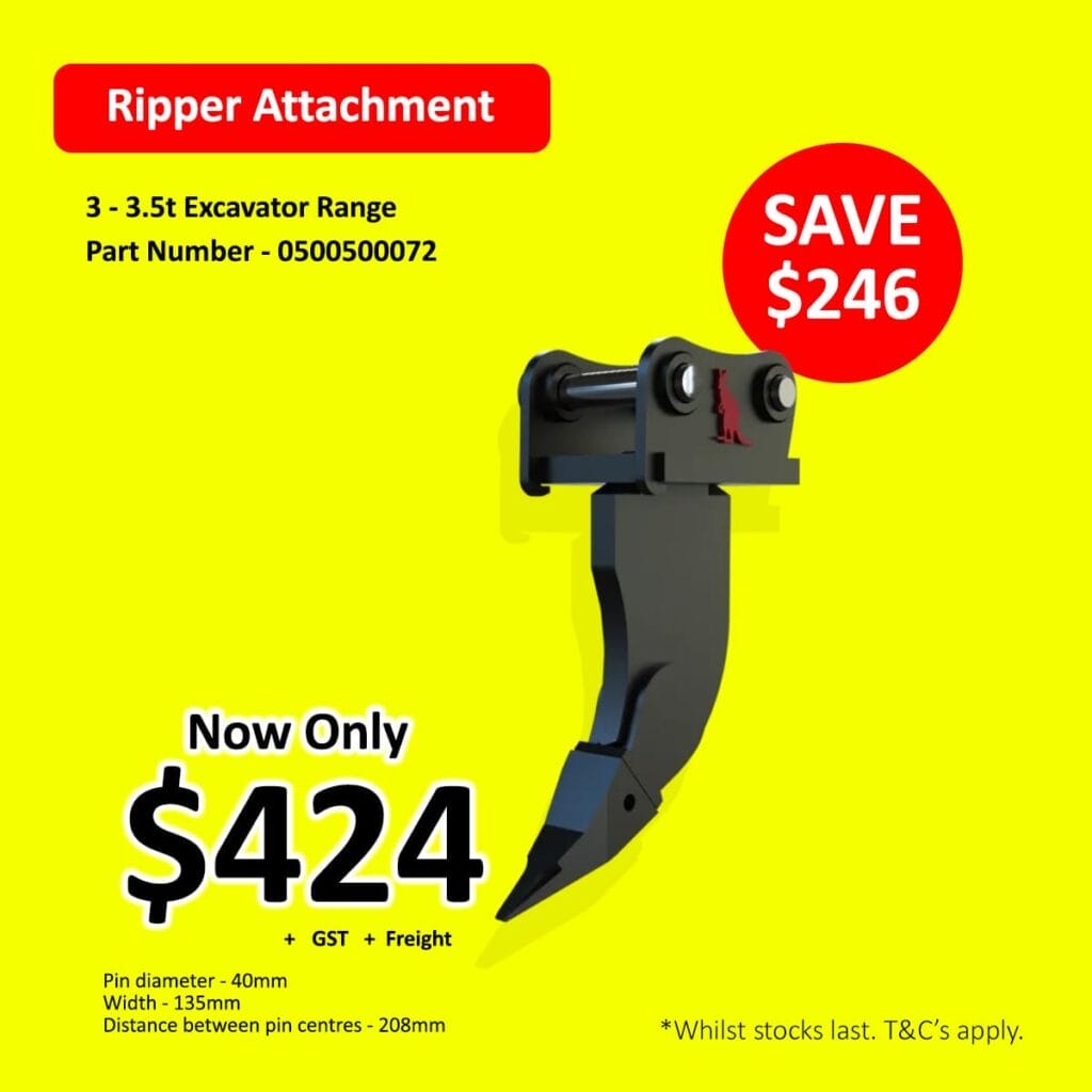 Excavator ripper attachment on sale for $424 with a yellow background and red text highlights.