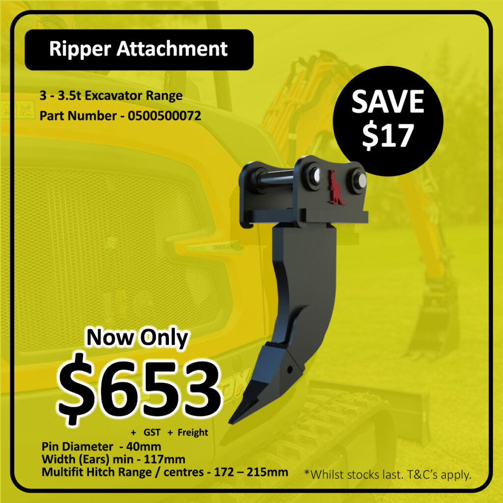 A ripper attachment for 3-3.5t excavators is displayed with a yellow excavator in the background. Text highlights: "Now Only $653," "SAVE $17," part details, and sizing specifications. Black and yellow color scheme.