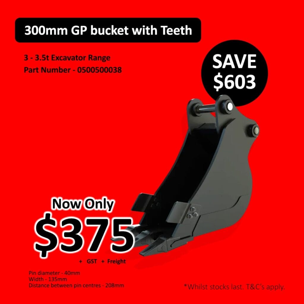 Black excavator bucket with teeth on red background, sale price of 5, save 3.