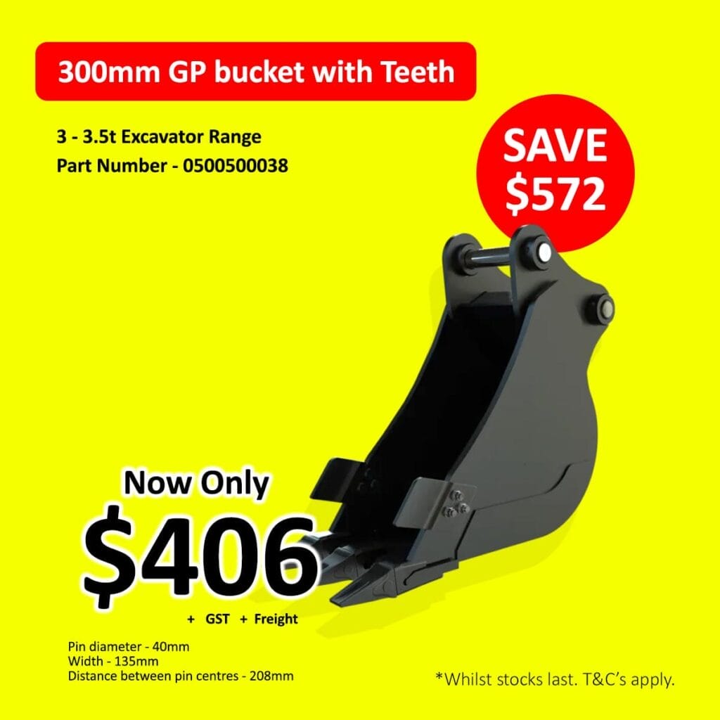 Black excavator bucket with teeth on yellow background, sale price and specifications shown.