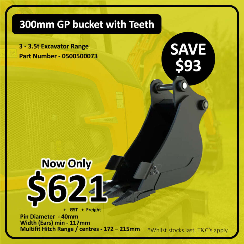 A 300mm GP bucket with teeth for 3–3.5t excavators is shown, priced at $621 with a $93 discount, featuring product and size details over a yellow background with an excavator image.