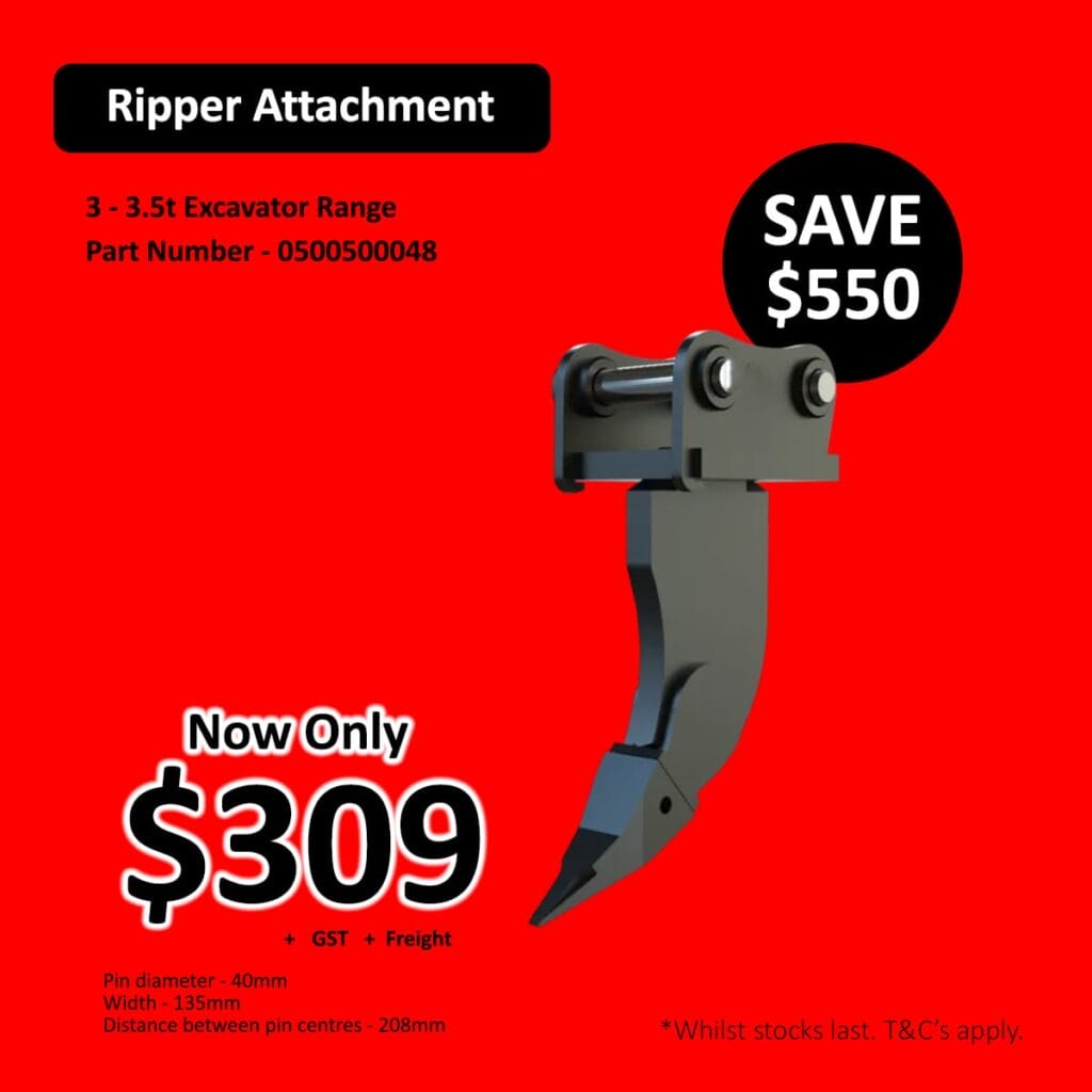 Excavator ripper attachment on red background with price and discount details.