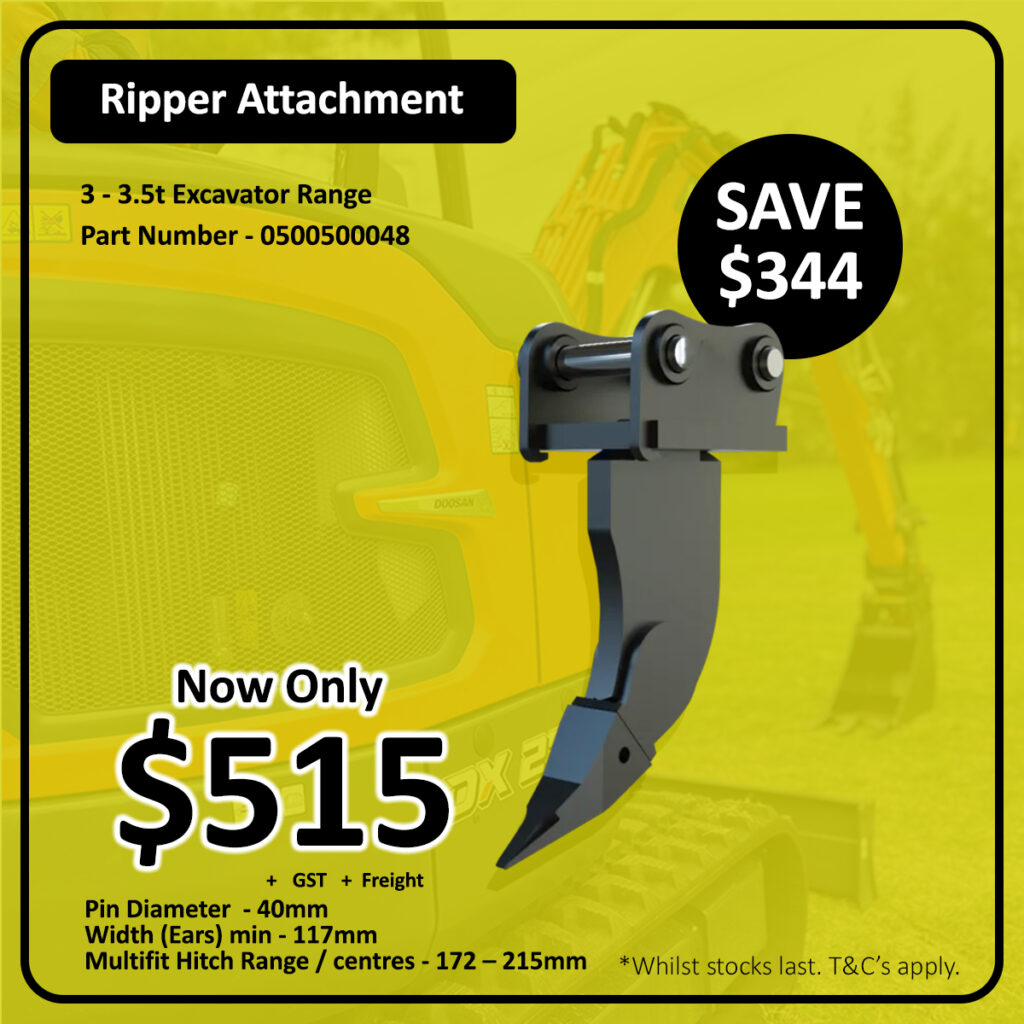 Promotional ad for a ripper attachment for 3–3.5t excavators, featuring an image of the attachment on a yellow excavator. Text highlights a $344 saving, sale price of $515, and product specifications.