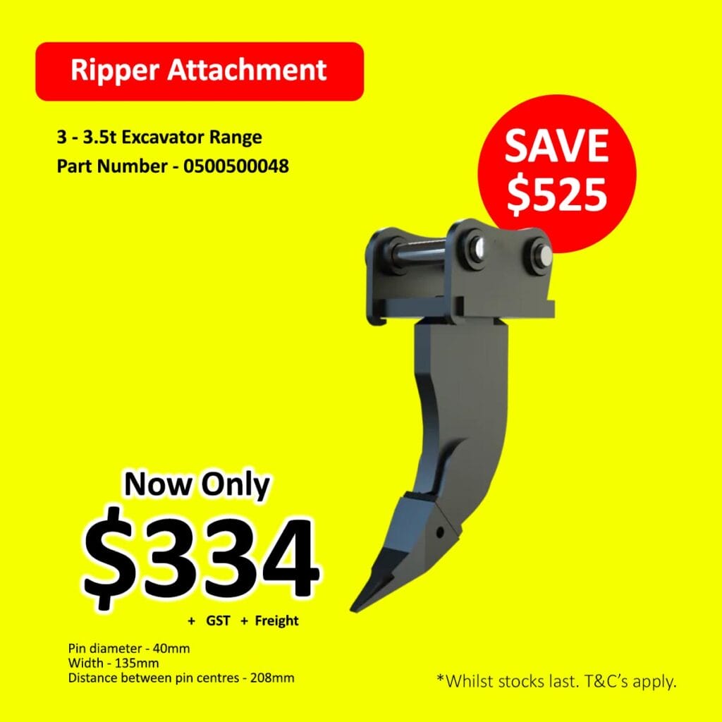 Ripper attachment for excavator on yellow background, sale price $334, save $525.