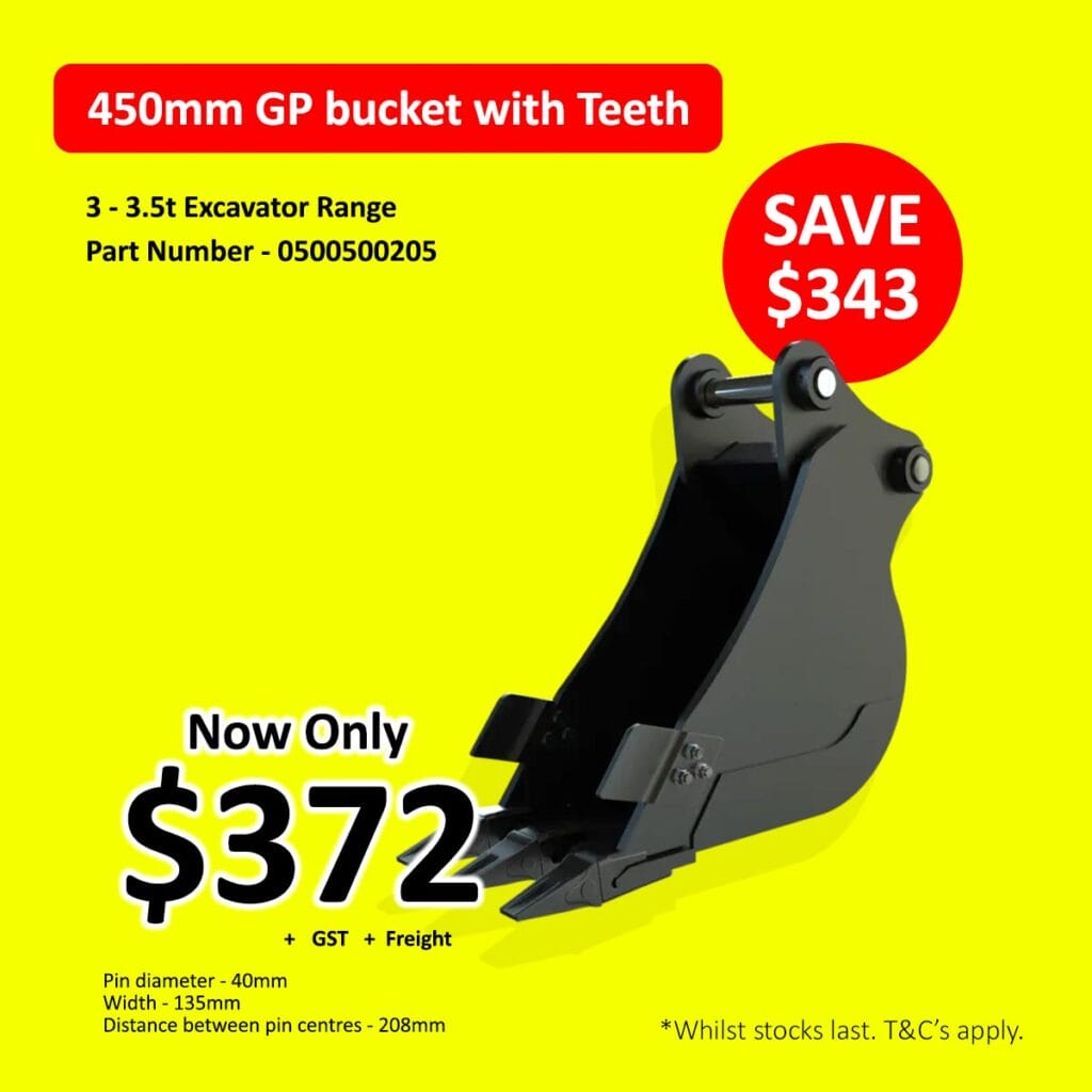Black excavator bucket with teeth, sale price $372, yellow background, red discount badge.