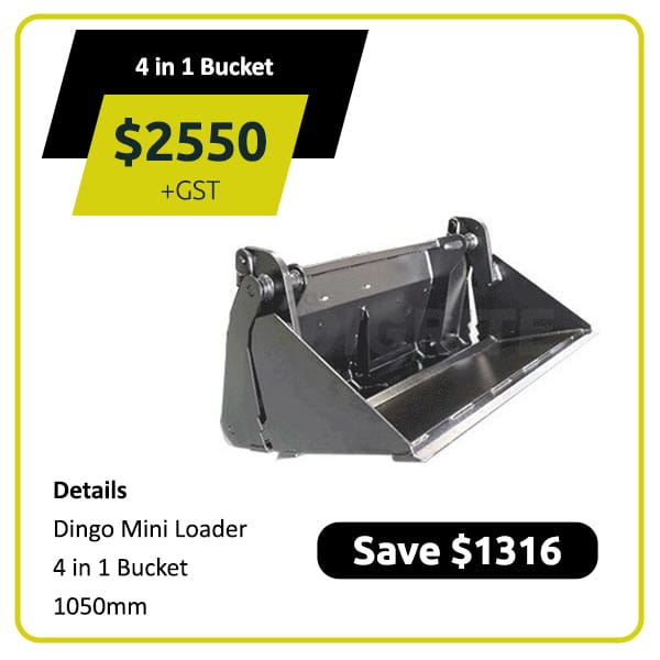 Black Dingo Mini Loader 4-in-1 bucket attachment, price $2550 plus GST, save $1316.