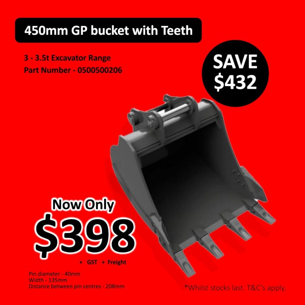 Black excavator bucket with teeth on red background, sale price 8, save 2.