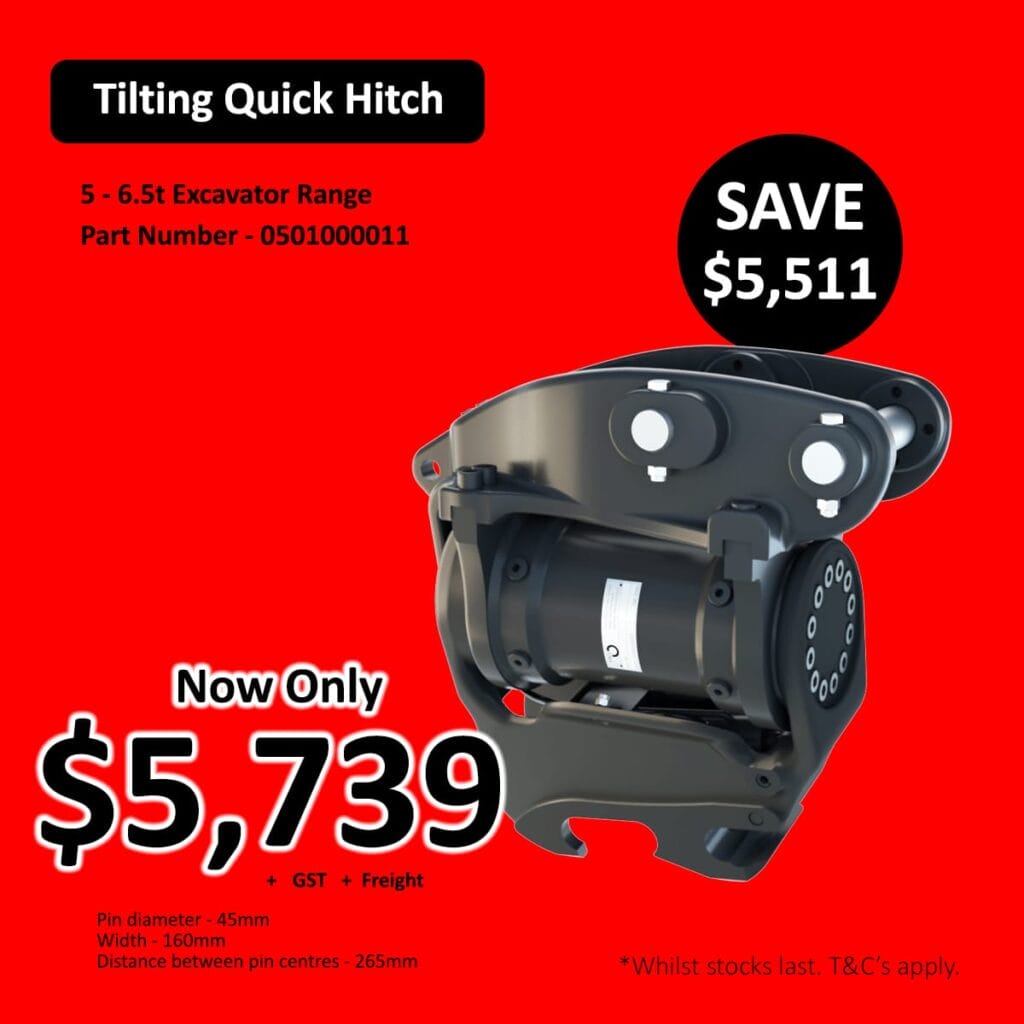 Tilting quick hitch for excavators on sale for ,739 with discount details on red background.
