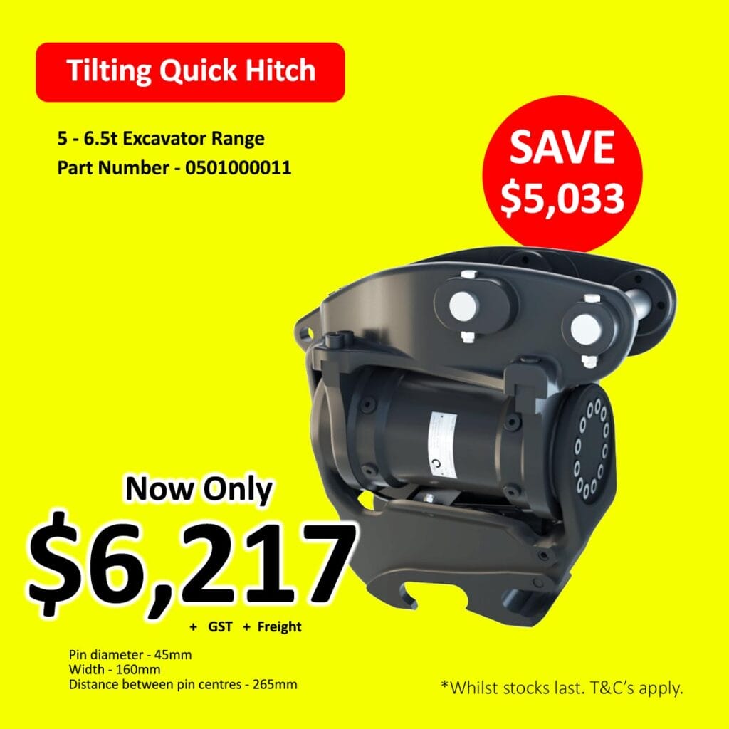 Black tilting quick hitch excavator part on sale for $6,217 with discount details.