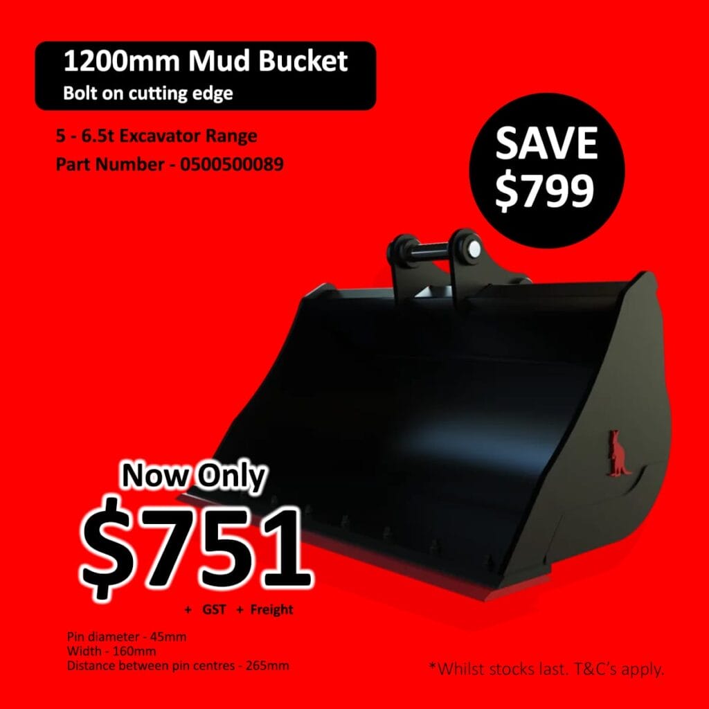 Black 1200mm mud bucket for excavators on a red background with sale price and details.