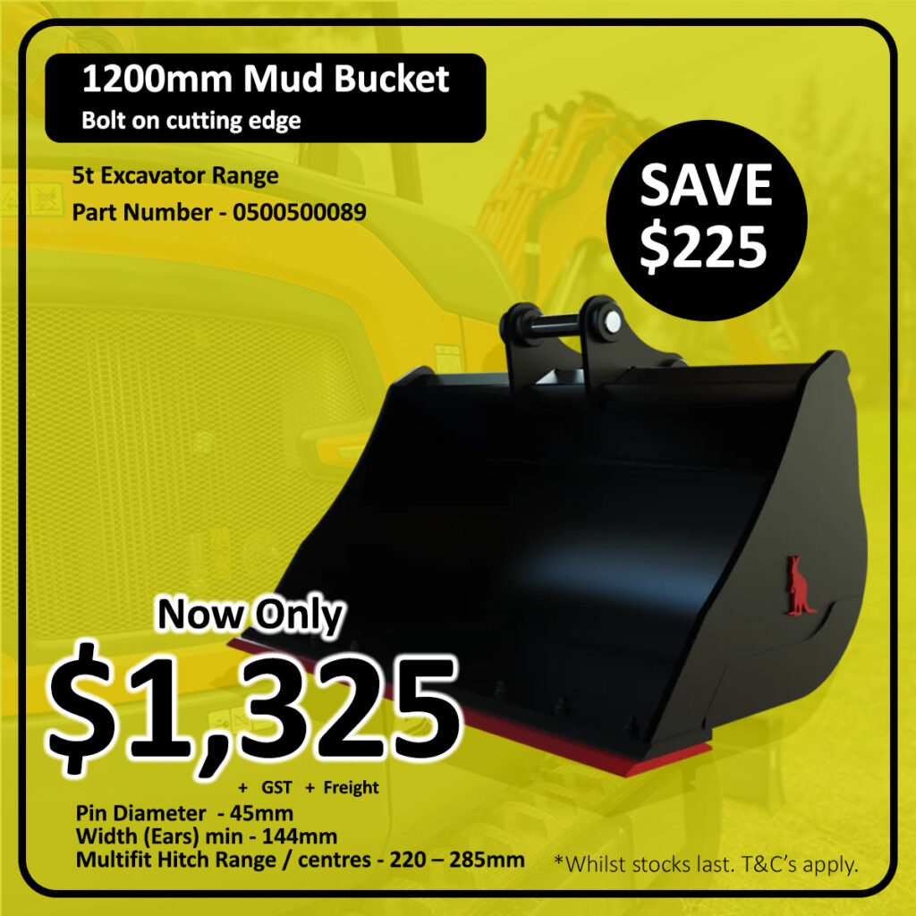 Promotional ad for a 1200mm mud bucket, featuring a large image of the black bucket attachment. Text highlights a $225 discount, sale price of $1,325, product details, and yellow background with a construction vehicle.