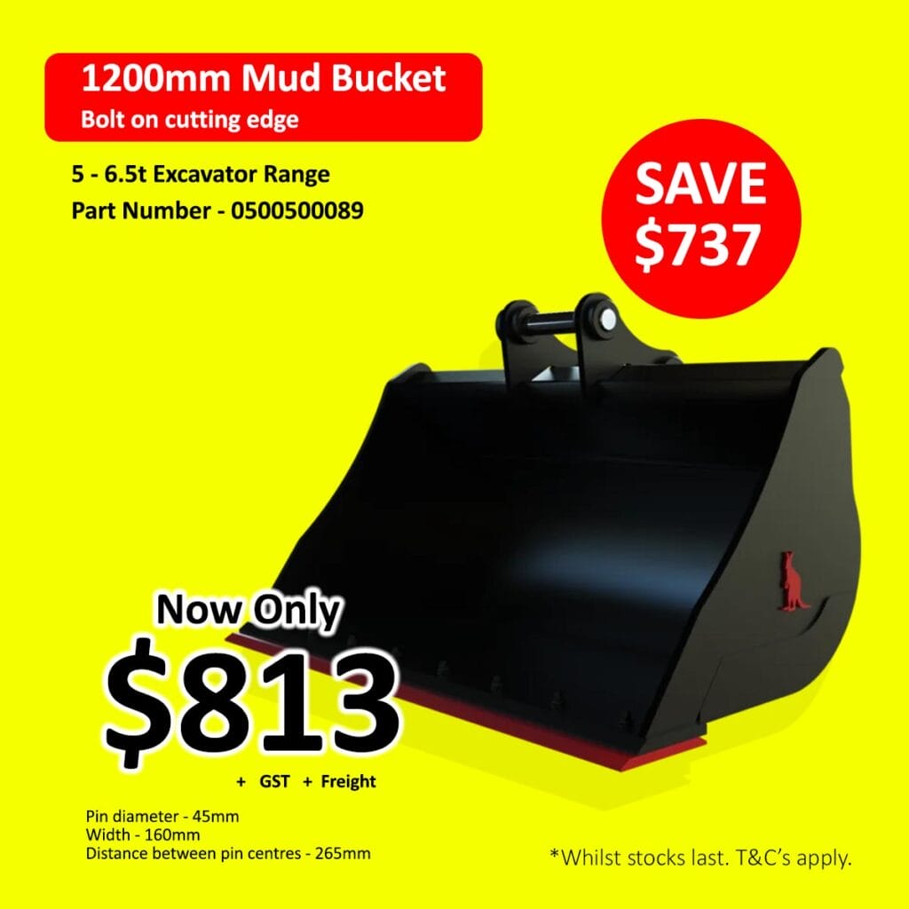 Black excavator mud bucket on yellow background, price reduced to $813, save $737.