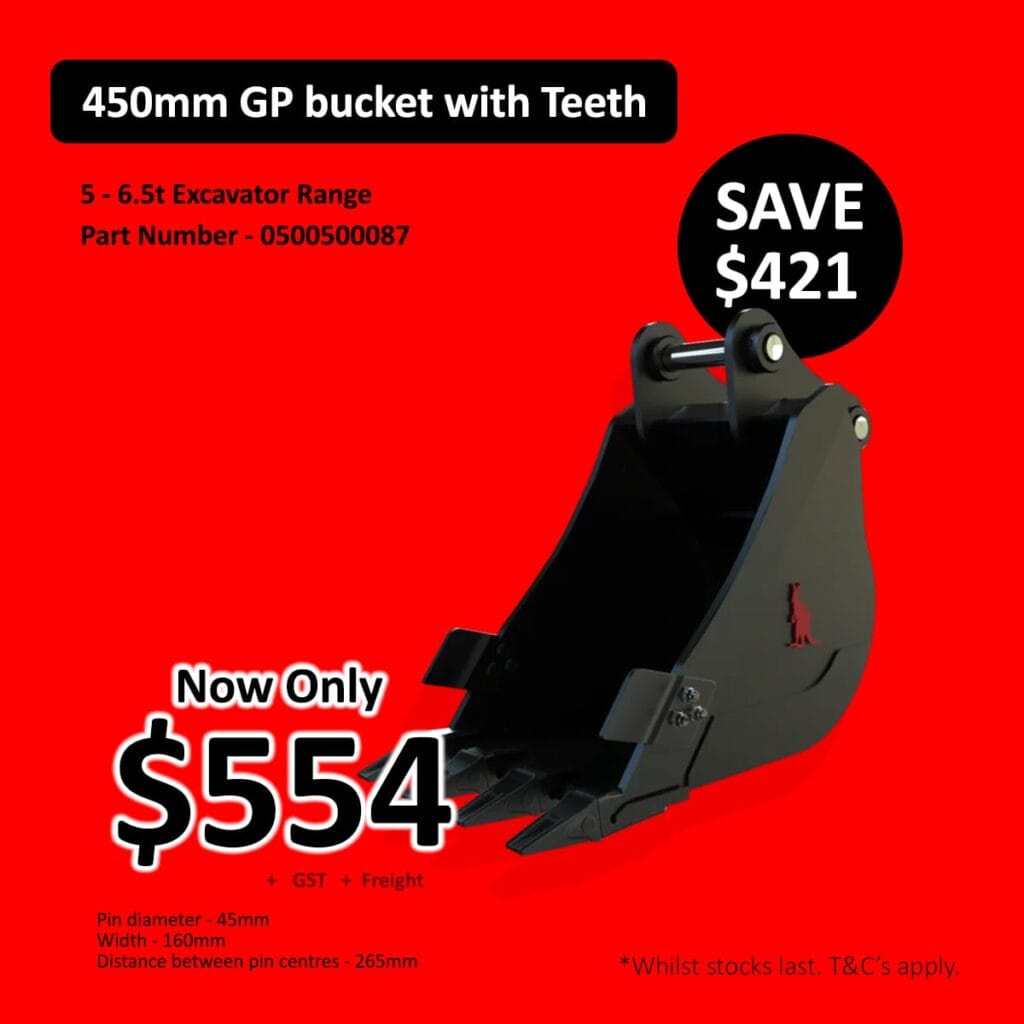 Black excavator bucket with teeth on a red background, price and discount information shown.