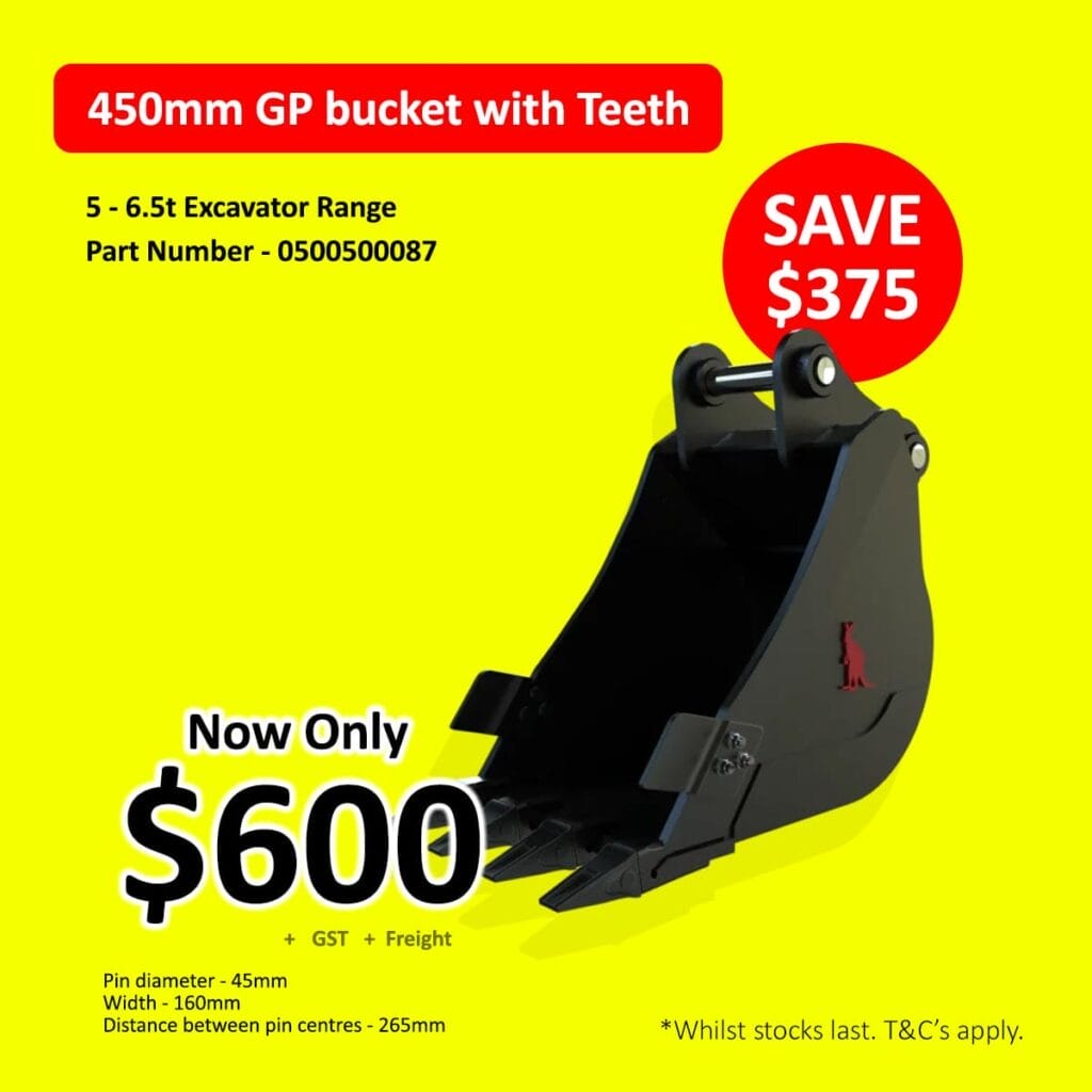 Black excavator bucket with teeth on yellow background, sale price $600, save $375.