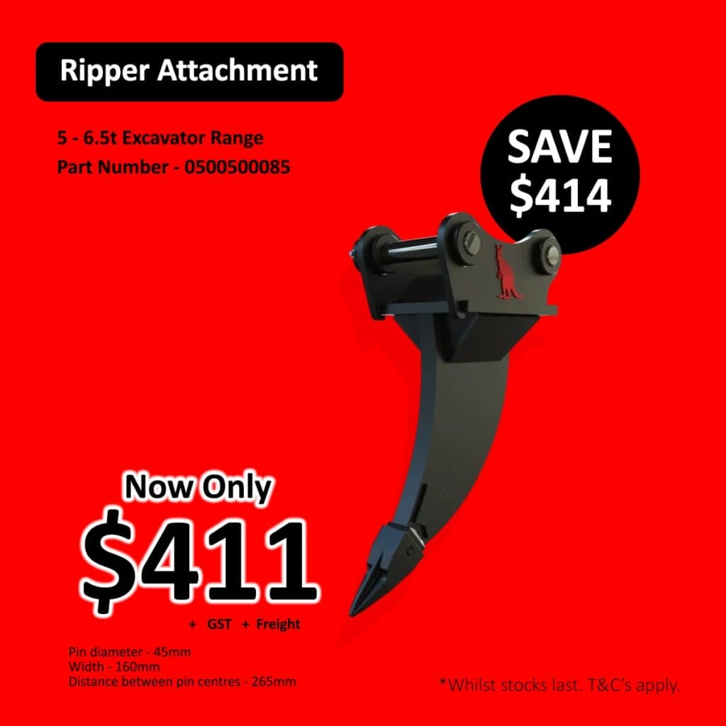 Ripper attachment for excavator on red background with price and discount details displayed.