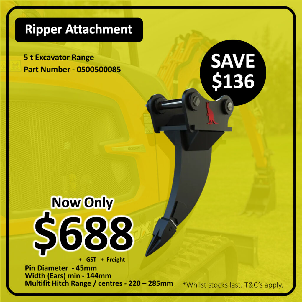 Ripper attachment for 5T excavator shown in front of yellow machinery. Price is $688 plus GST and freight, saving $136. Key specs, part number, and terms apply, highlighted in a bold black and yellow design.