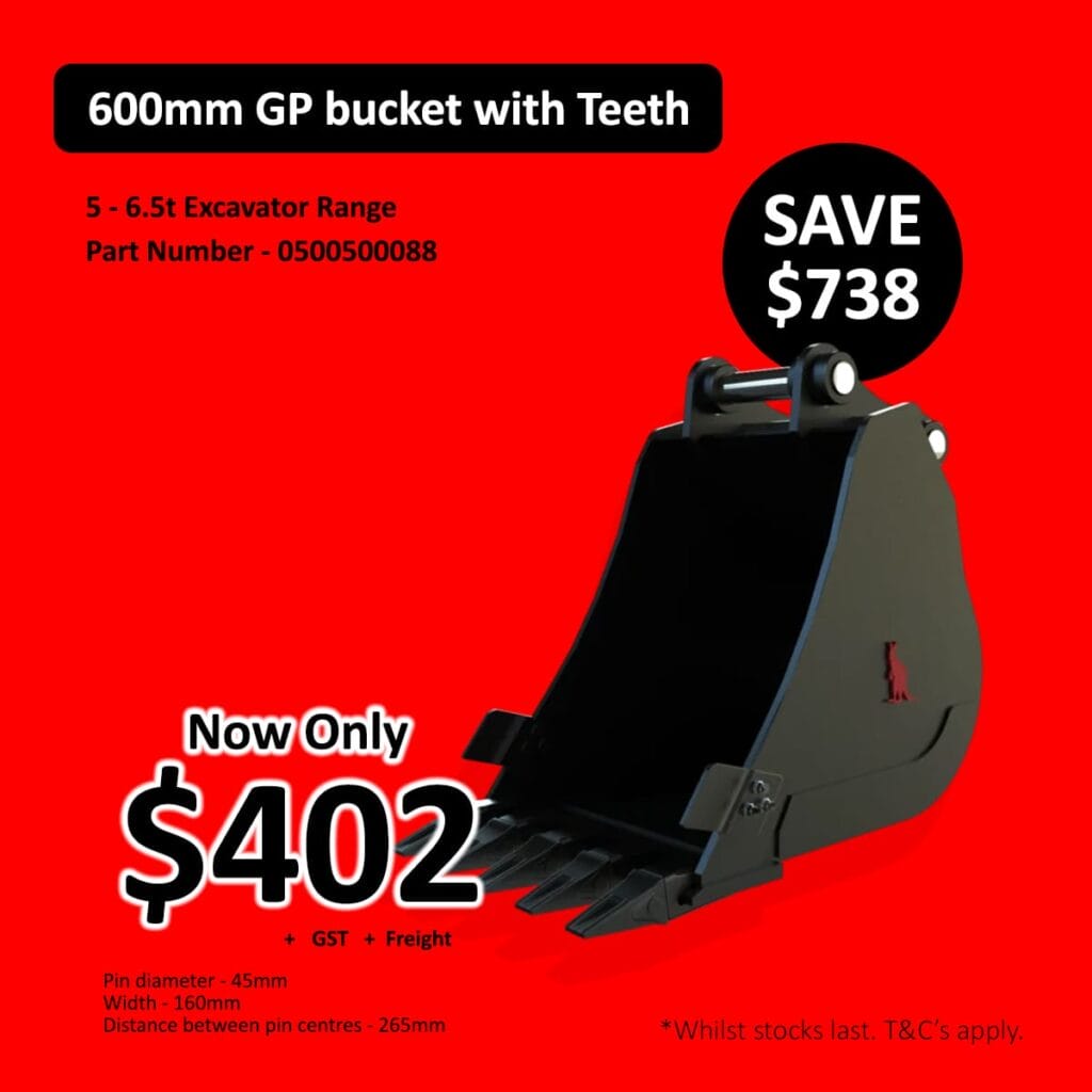 Black excavator bucket with teeth on red background, advertised for 2 with savings highlighted.