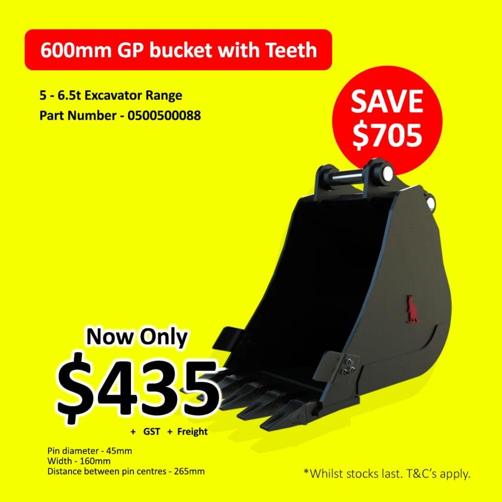 Black excavator bucket with teeth on yellow background, sale price and discount highlighted.