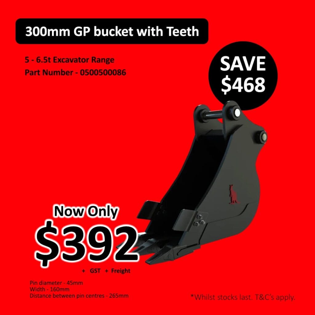 Black excavator bucket with teeth on red background; sale price 2, save 8, specs listed.
