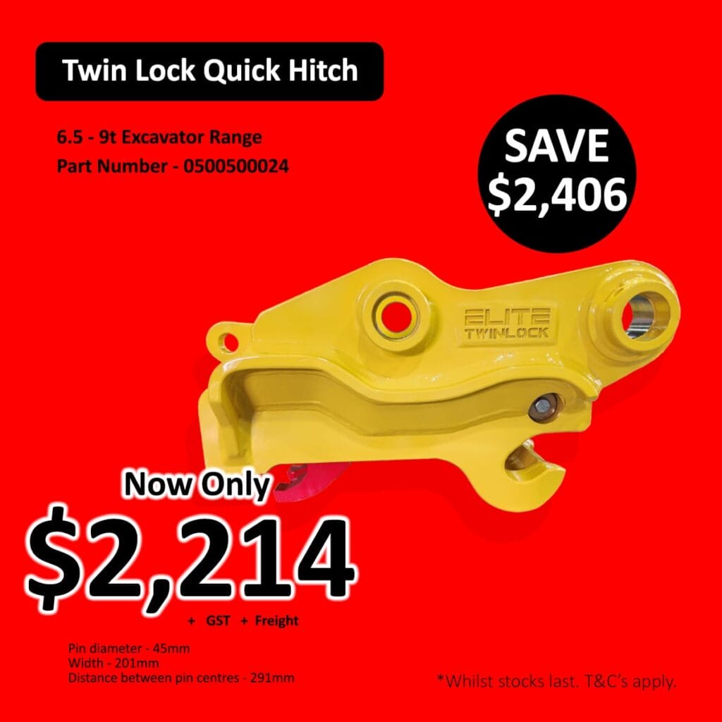 Yellow excavator hitch on red background with bold price and discount text.
