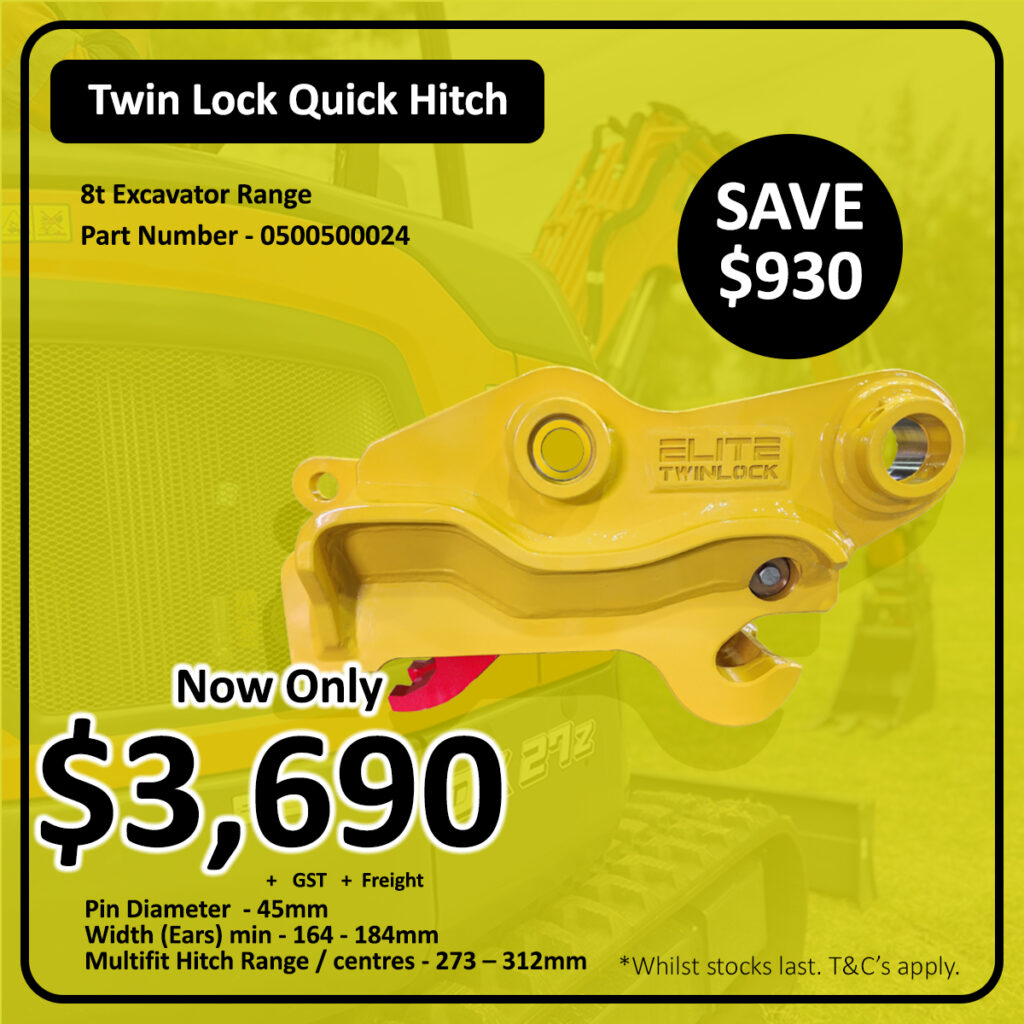 A yellow Twin Lock Quick Hitch for 8t excavators is displayed with bold text: "Now Only $3,690," "Save $930," and product details including pin diameter, width, and part number on a yellow background.