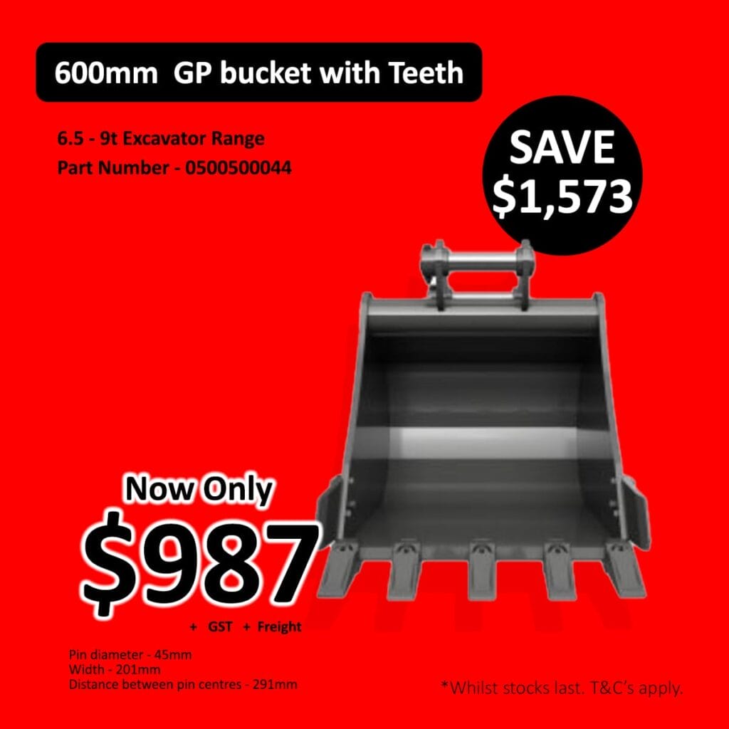 Black excavator bucket with teeth and sale price details on a red background.
