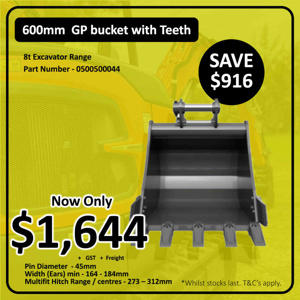 A 600mm GP bucket with teeth is advertised for an 8t excavator, now priced at $1,644 (save $916). Key specs and part number are listed, with a background image of construction equipment. Terms and conditions apply.