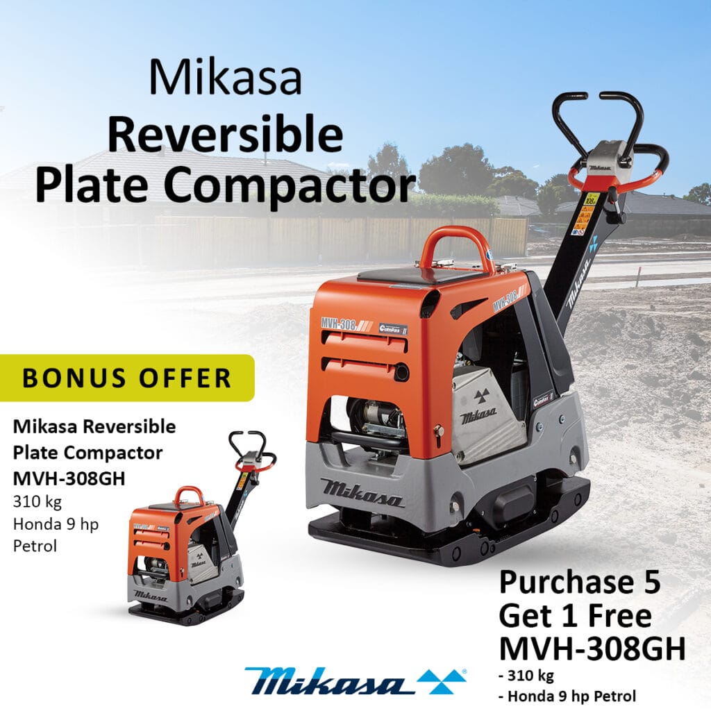 Promotional image for Mikasa Reversible Plate Compactor MVH-308GH, 310 kg, petrol, showing the compactor outdoors. Bonus offer: buy 5, get 1 free. Mikasa logo is at the bottom.