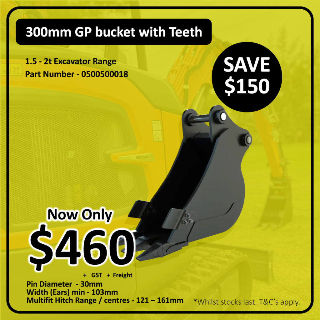 A 300mm general purpose excavator bucket with teeth is displayed against a blurred background of construction equipment, showing a sale price of $460, with a $150 saving, and product details listed.