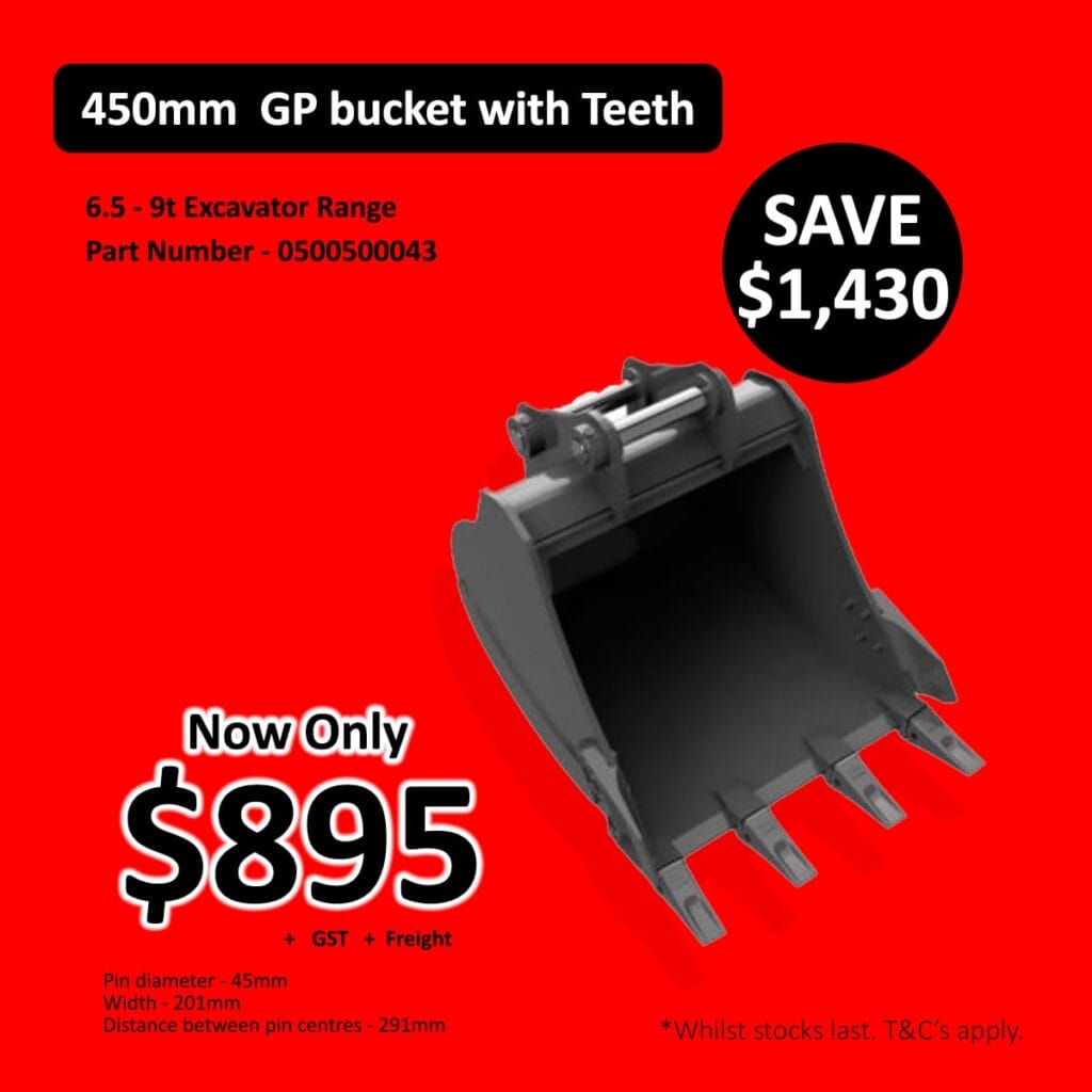 Black excavator bucket with teeth on red background, sale price 5, save  alt=