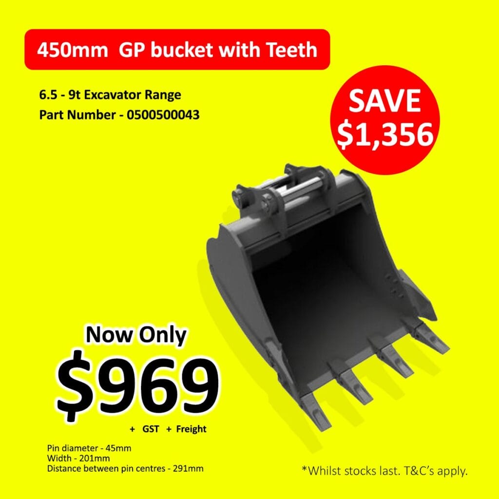 Black excavator bucket with teeth and sale price details on a yellow background.