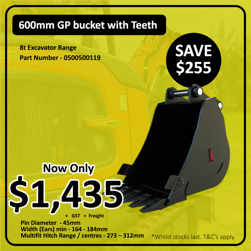 An advertisement for a 600mm GP bucket with teeth, priced at $1,435, showing a black excavator bucket in front of an orange machine. Promo details include a $255 saving and product specifications.