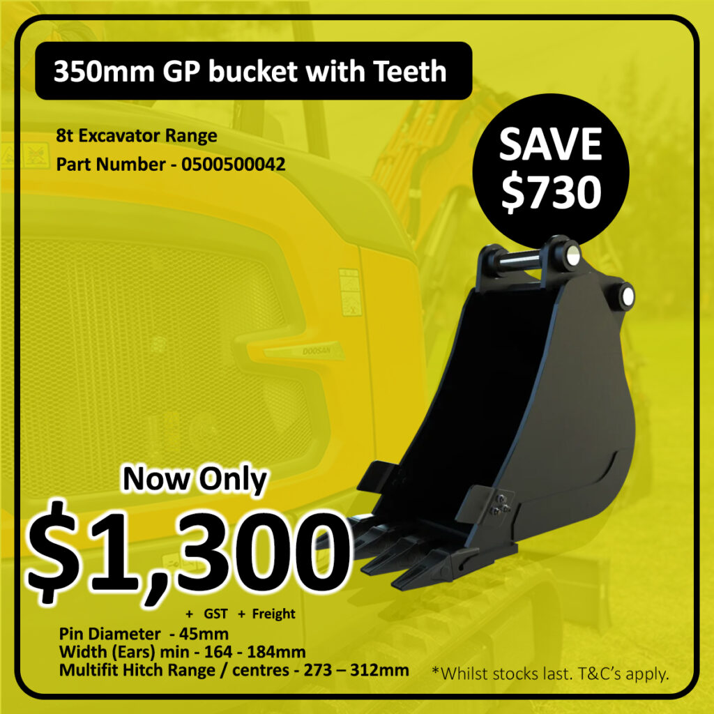 A promotional image for a 350mm GP bucket with teeth, featuring a photo of the bucket and an excavator. Text highlights a price reduction to $1,300, saving $730, with product specs and conditions listed below.