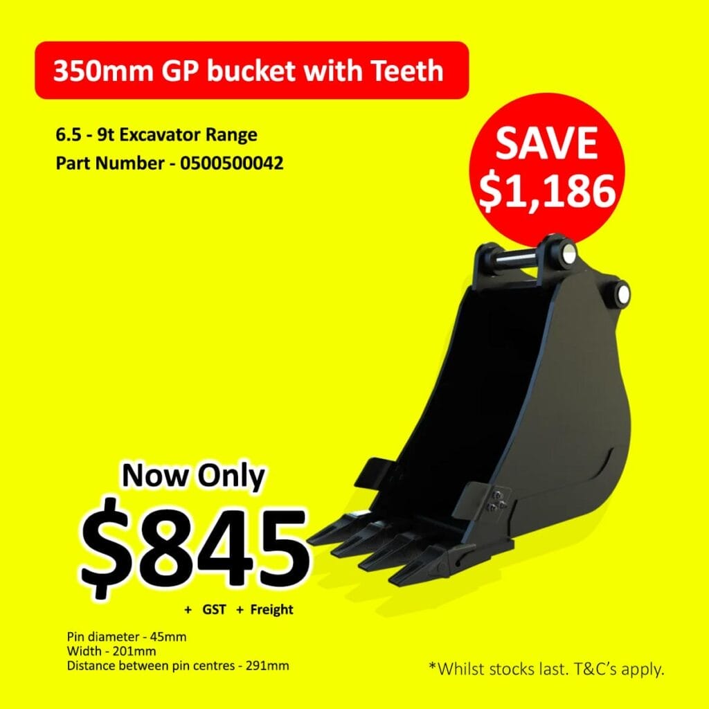 Black excavator bucket with teeth, price and discount details on a bright yellow background.