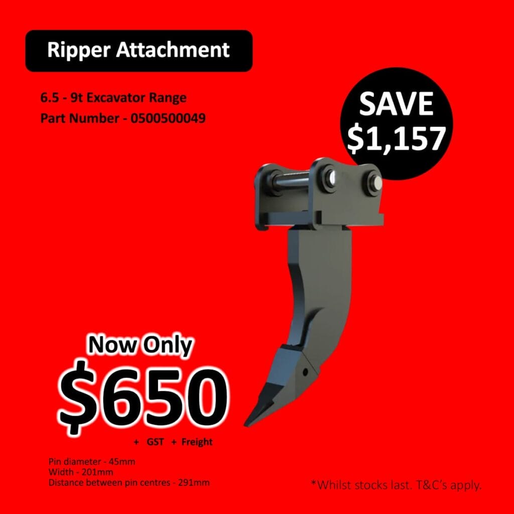 Ripper attachment for excavator, sale price 0, red background with savings highlighted.