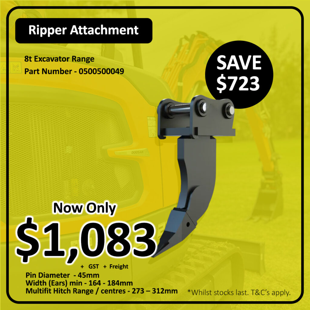Promotional image for a ripper attachment for the 8t excavator range, showing the attachment and price details: now $1,083 (save $723), with part number and specifications listed.