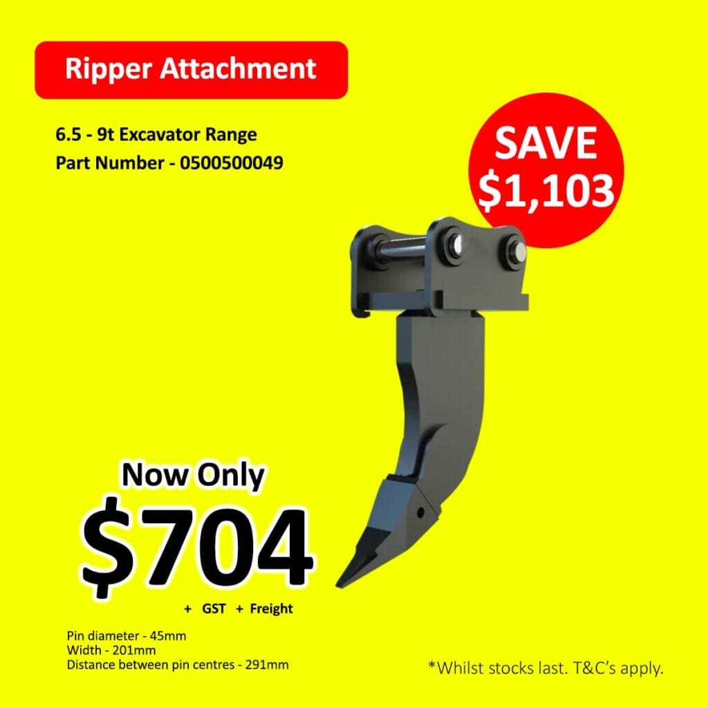 Ripper attachment for excavator with sale price and product details on a yellow background.