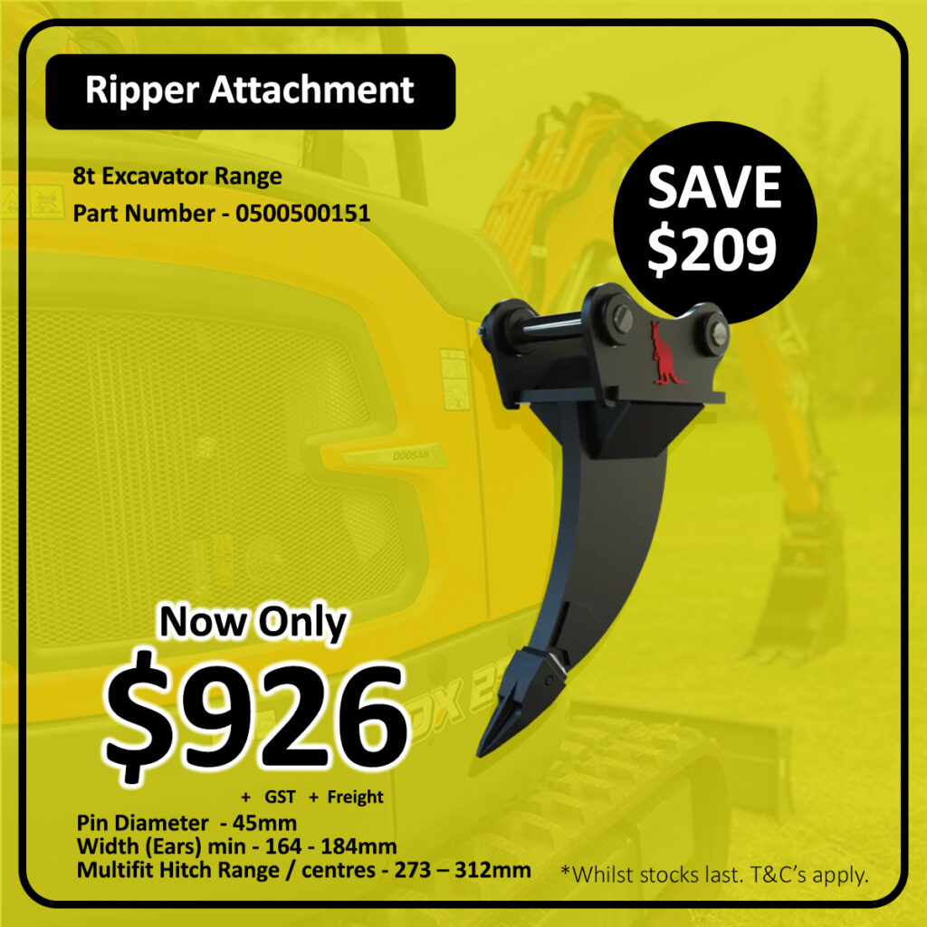 A promotional ad for an 8t excavator ripper attachment showing a black ripper in front of a yellow excavator. Price is $926, saving $209. Product specs and part number are listed, with GST and freight excluded.