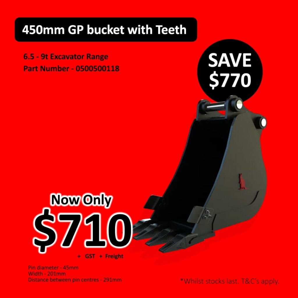 Black excavator bucket with teeth displayed on a red background, sale price 0, save 0.