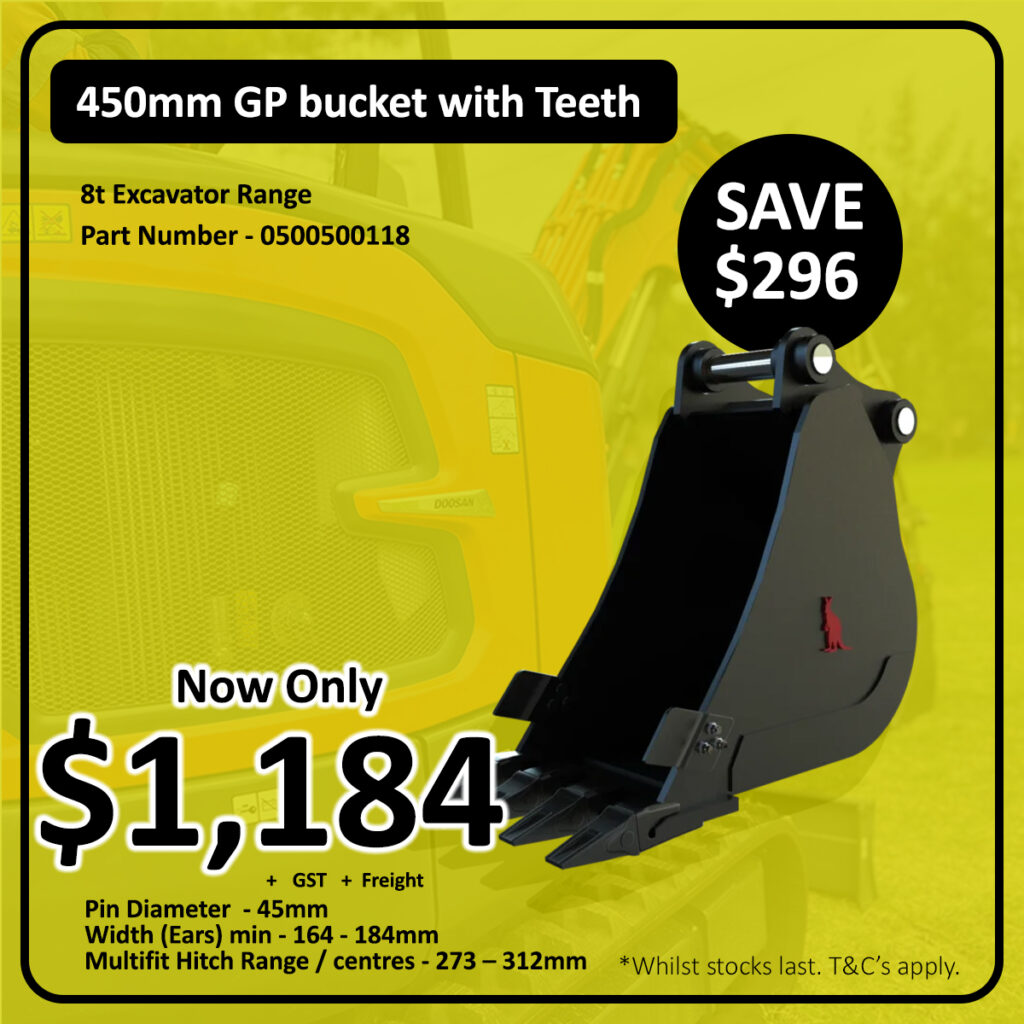 Advertisement for a 450mm GP bucket with teeth, now priced at $1,184 (save $296). Includes product specs for 8t excavators and part number 0500500118, shown against a blurred yellow excavator background.